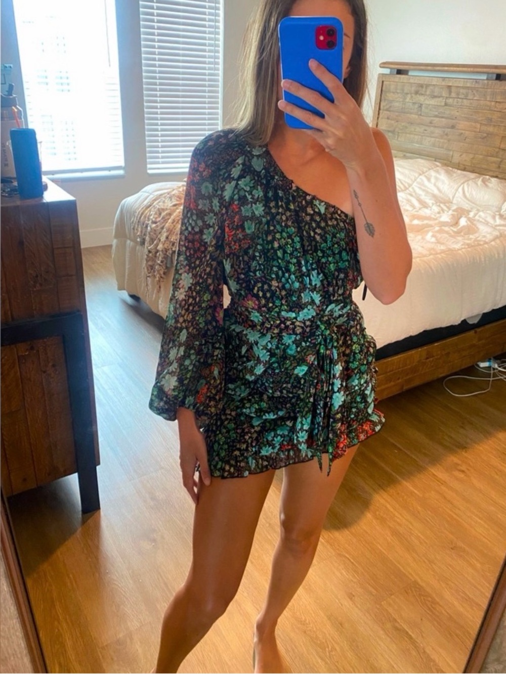 Vici One-Shoulder Floral Mini Dress in Black and Green